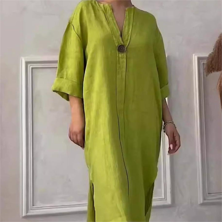 Robe Décontractée Respirante à Manches 3/4, Col en V, Couleur Unie